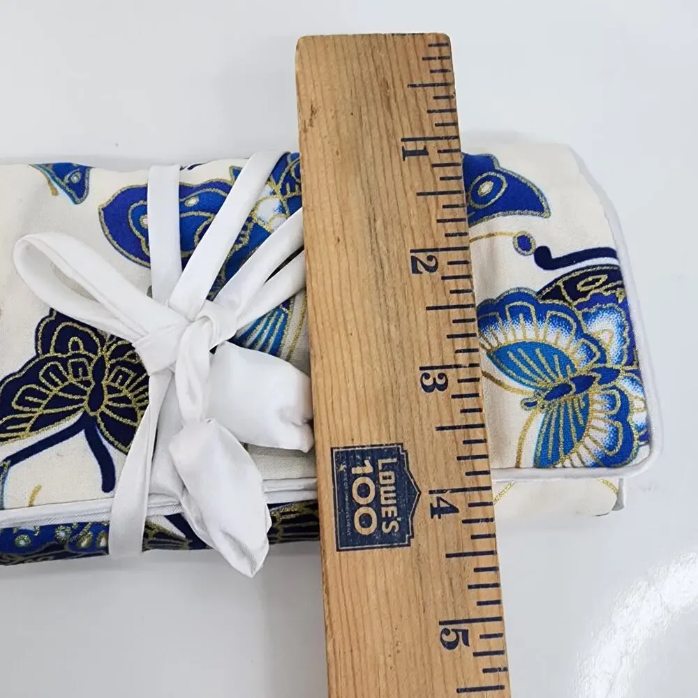 Travel Jewelry Organizer Roll Blue Butterfly Fold Up Case 3 Zip Compartments